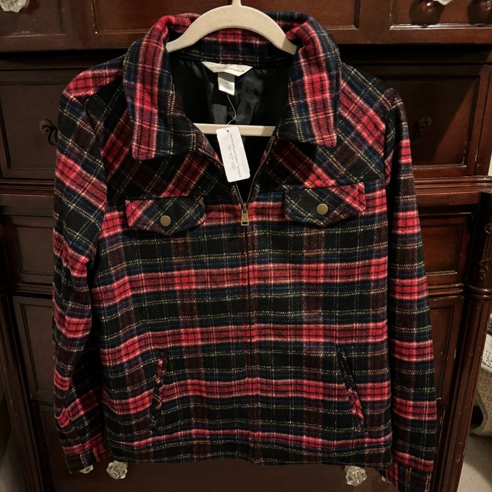 Wool Plaid Zip Jacket w/Gold Snaps - Size M
